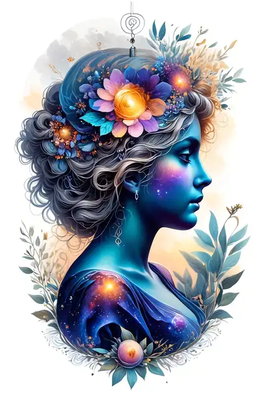 cameo, woman, galaxy and universe, nature, ornaments tattoo design idea