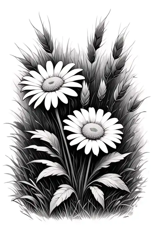 a single daisy flower and Reed in a wood clearing (forest) tattoo design idea
