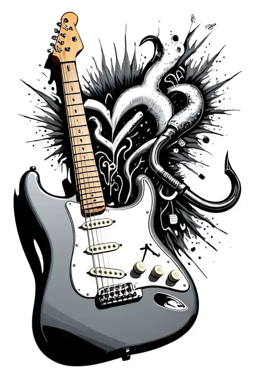 stratocaster guitar, ps5 controller, fishing hook, heart beat tattoo design idea