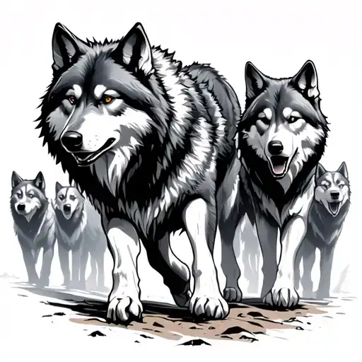 wolf pack with lone strong wolf leader walking through forest with pack behind him tattoo design idea