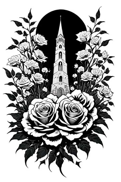 dark tower in a field of roses tattoo design idea