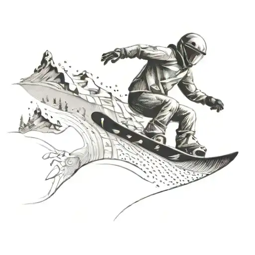 An abstract design of a snowboarder carving through a mountain landscape, incorporating mathematical equations subtly in the background tattoo design idea