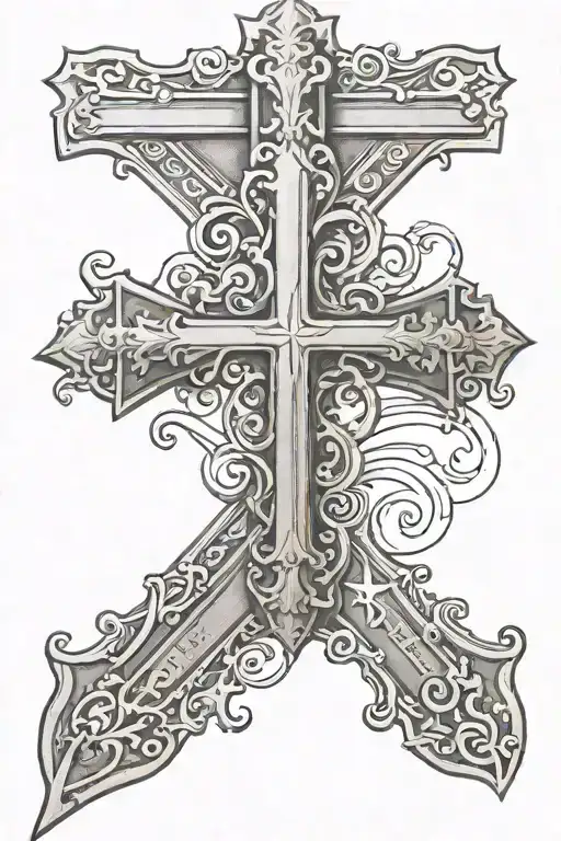 chrome heart cross surrounded by bible verse tattoo design idea