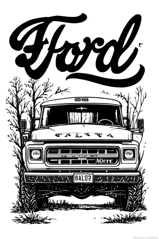 short bus in country with old ford pickup truck parked tattoo design idea