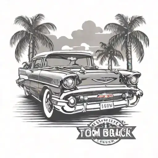 1957 chevy bel air with palm trees in the background with a license plate that says Tom tattoo design idea