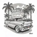 1957 chevy bel air with palm trees in the background with a license plate that says Tom tattoo design idea