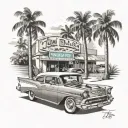 1957 chevy bel air with palm trees in the background with a license plate that says Tom tattoo design idea