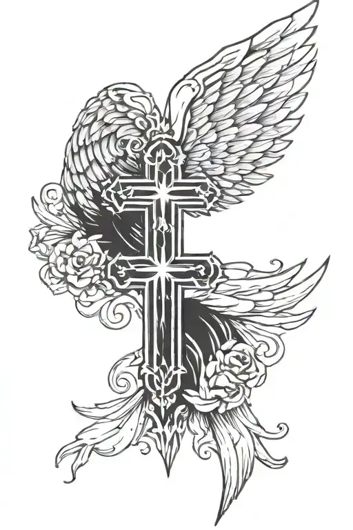 a simple black cross with angel wings spreading from behind. the angel wings have a hint of blue. forearm tattoo. tattoo design idea