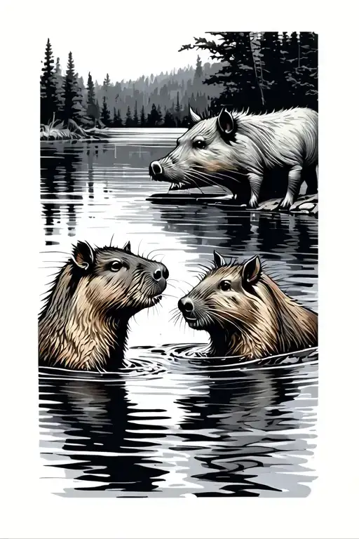 capybara and a boar meeting face to face at rivers edge. Capybara in the water, boar on the river bank. thinner line art tattoo design idea