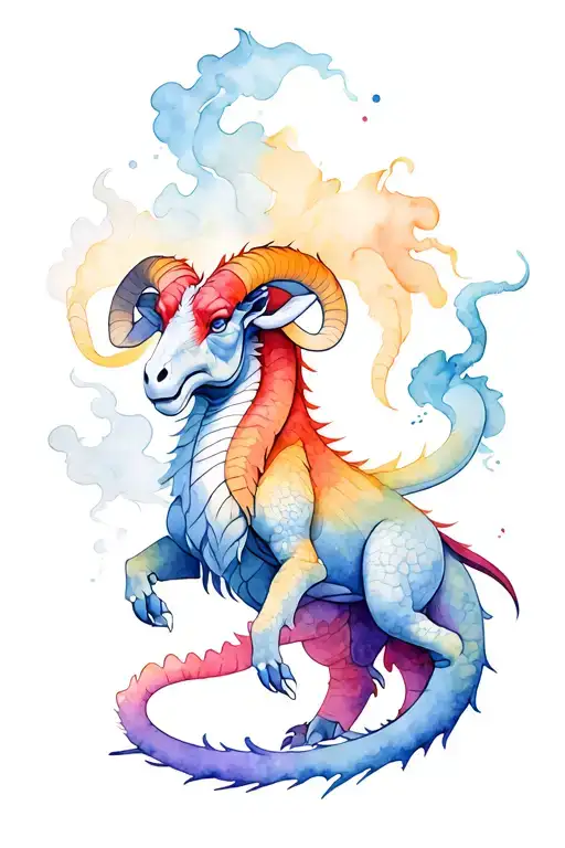 RAM WITH DRAGON ON BACKGROUND WITH SMOKE EFFECT tattoo design idea
