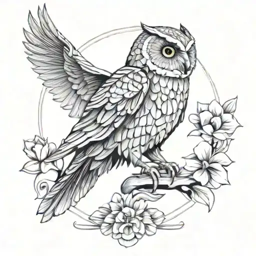 roman soldier and scales and owl and flower growing tattoo design idea