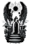 stairway to heaven gates angels sun rays clouds woman holding hands tattoo design idea