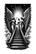 stairway to heaven gates angels sun rays clouds woman holding hands tattoo design idea