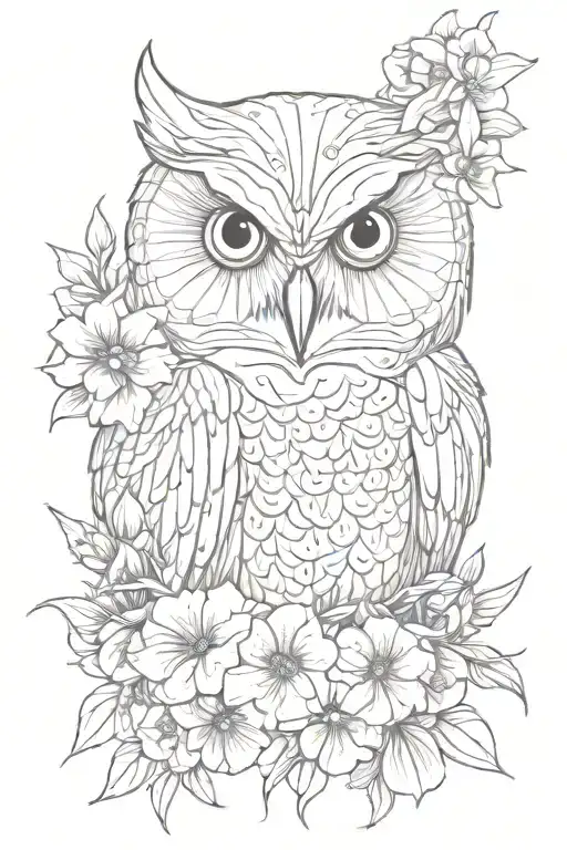 sad looking owl face with no geometric surrounded by lots of cosmo flowers and gladiolus flowers tattoo design idea