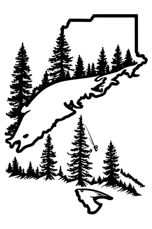 maine state outline, kids,hunting fishing and pine trees tattoo design idea