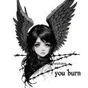 anime girl, angel wings, barbed wire wrapped, minimal, the words "sometimes you burn". Neck tattoo idea tattoo design idea