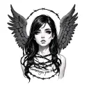 anime girl, angel wings, barbed wire wrapped, minimal, the words "sometimes you burn". Neck tattoo idea tattoo design idea