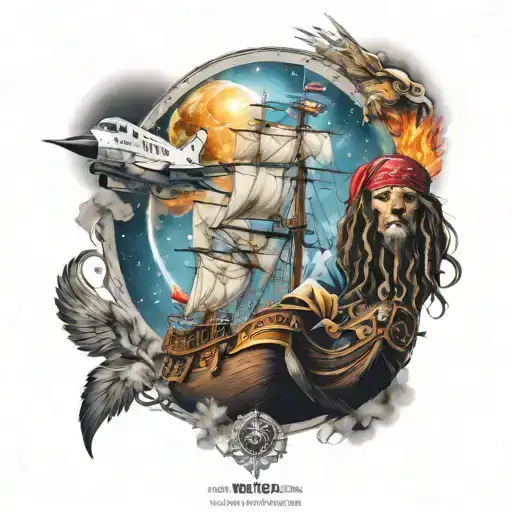 Realistic tattoo, containing Jack Sparrow, a pirate boat, a cross, a lion of Judah. an astronaut and a mig fighter-29 tattoo design idea