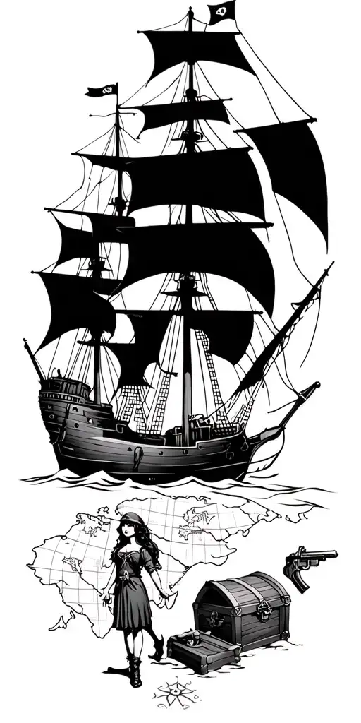 pirate ship , guns , treasure chest, girl and map tattoo design idea