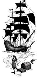 pirate ship , guns , treasure chest, girl and map tattoo design idea