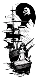pirate ship , guns , treasure chest, girl and map tattoo design idea