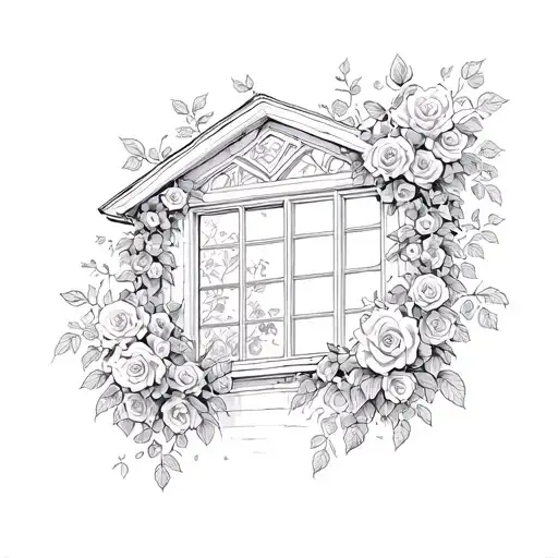 roses growing out of a house windows tattoo design idea
