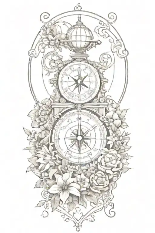 tattoo featuring roman landscape, compass, globe surrounded by flowers and vines tattoo design idea
