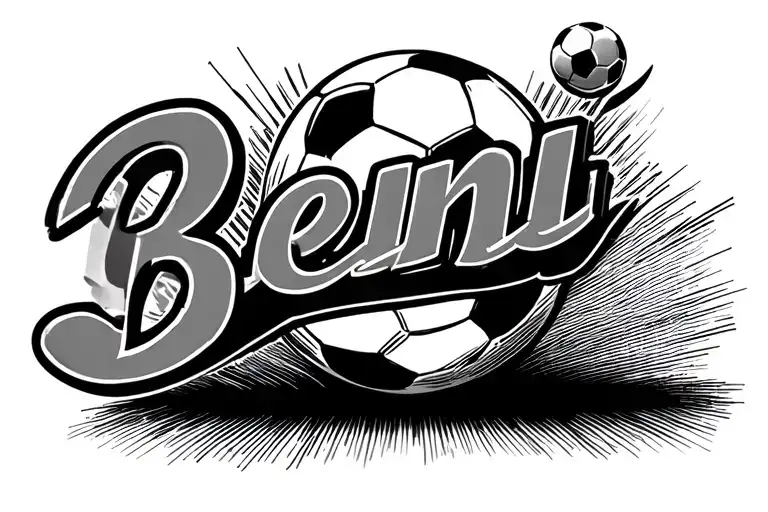 the name Benji with a soccer ball behind it in the middle tattoo design idea