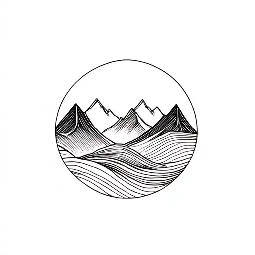 Fine line wave and fine line mountains in a circle tattoo design idea