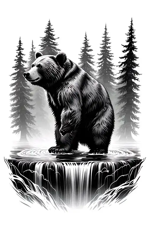 bear standing on top of water fall trees in the background at a upward angle looking at the bear  tattoo design idea