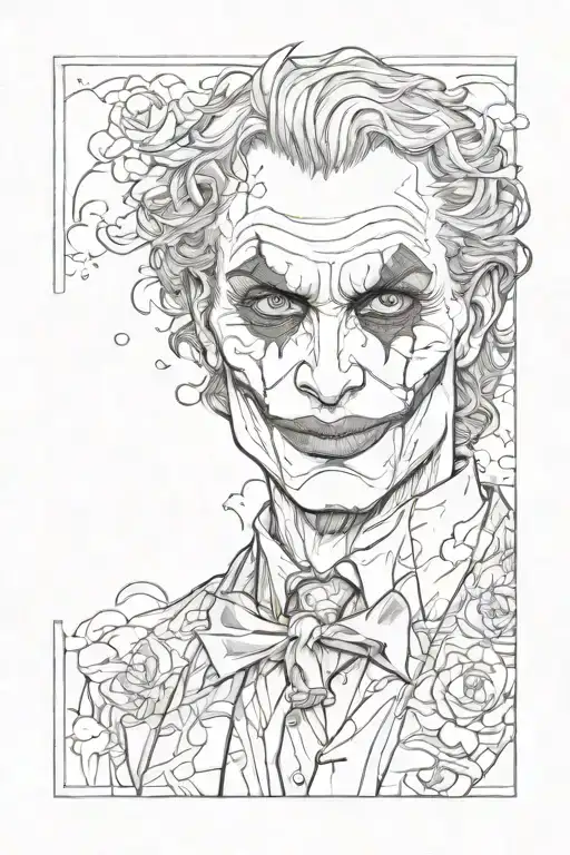 joker portrait ,doves and clouds and a wolf in the back grounded  tattoo design idea
