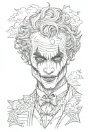 joker portrait ,doves and clouds and a wolf in the back grounded  tattoo design idea
