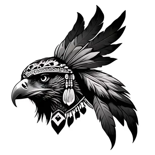 eagle head with feather headdress and tribal woman face with detailed headdress tattoo design idea