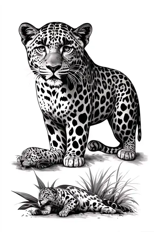 full length sleeve tattoo leopard all in  natural habitats. Animal realism  tattoo design idea