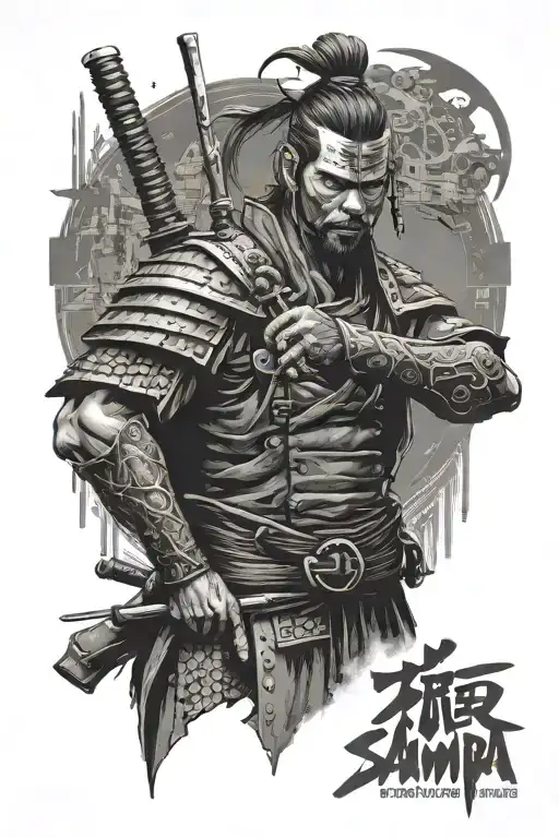 cyberpunk samurai standing tattoo design idea