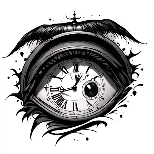 eyes inside clock with judgement and acceptance written in japanese tattoo design idea