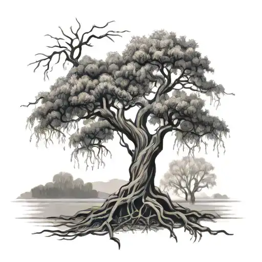 Griffunder Willow tree with roots reaching deep tattoo design idea