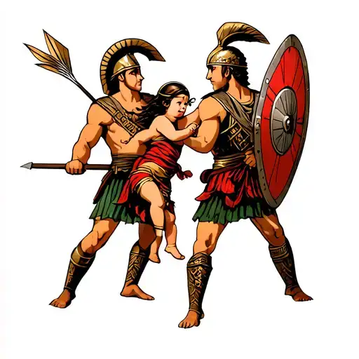 2 Spartan boys guarding a baby girl from flying arrows with shields tattoo design idea