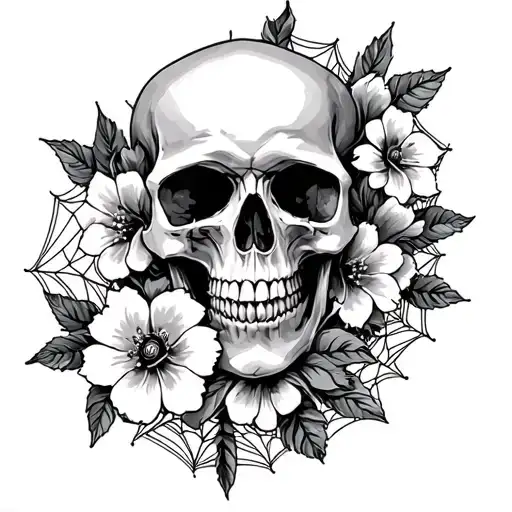 skulls flowers spider webs entwined tattoo design idea