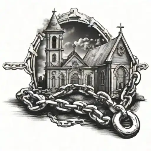 Church and chains forming tattoo design idea