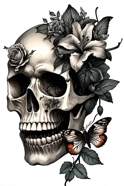 skull turned a little bit sideways with moths and roses and lilly flower  tattoo design idea