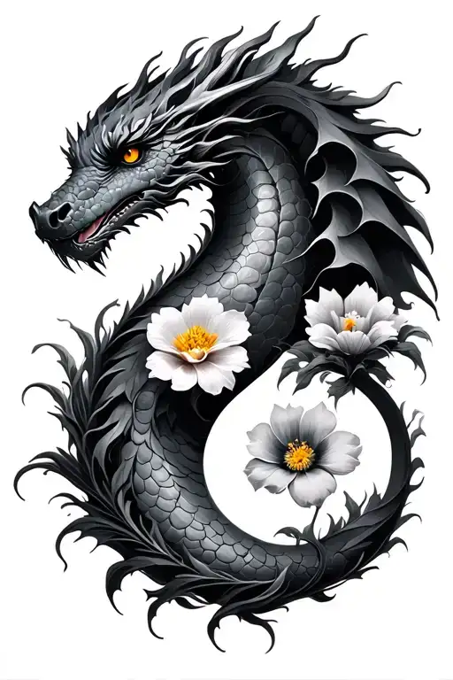 I want to incorporate a dragon with a ying and yang vibe half light half dark with 5 different flowers for my family  tattoo design idea