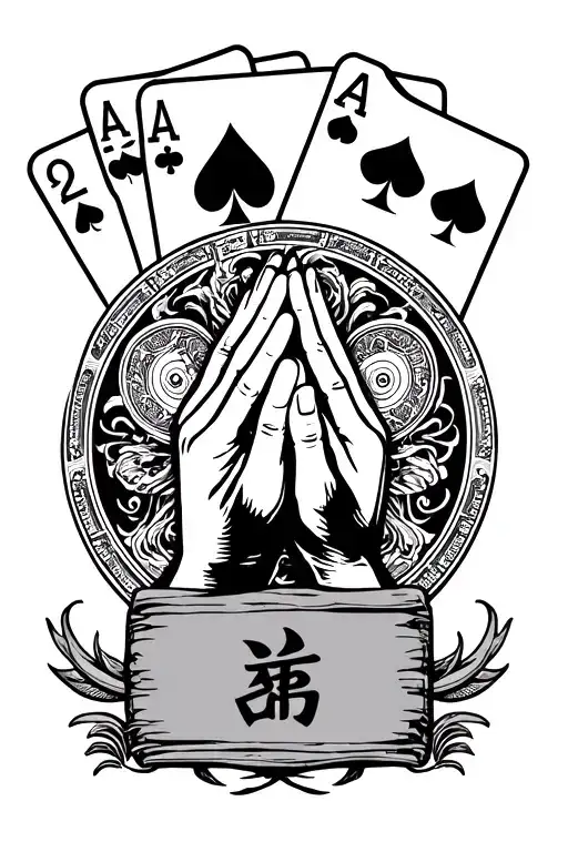4 playing cards at the top, in the middle praying hands holding money, at the bottom a sign in chinese that means peace tattoo design idea
