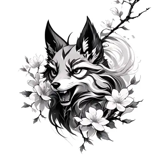 oni, cherry blossoms, fox spirit tattoo design idea