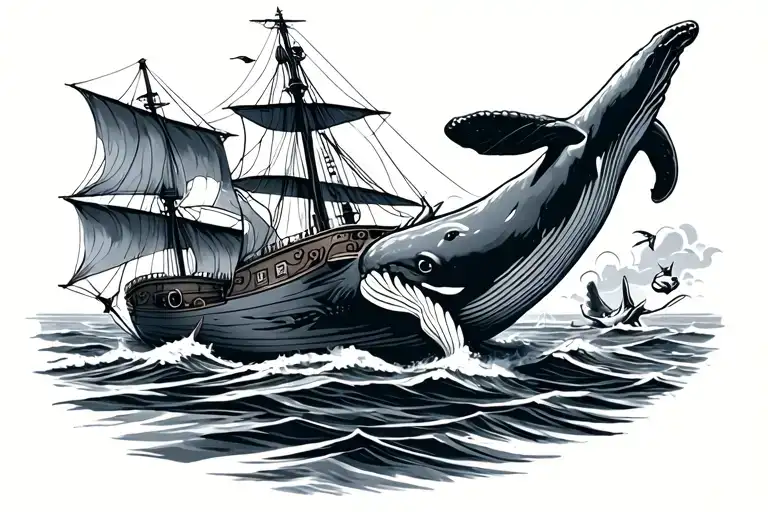 whale with harpoon destroying a boat sailing tattoo design idea