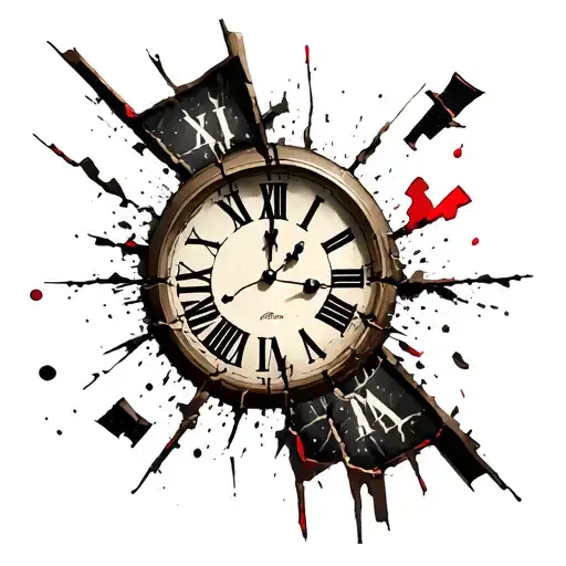 broken shattered clock with roman numerals and pieces flying off of it  tattoo design idea