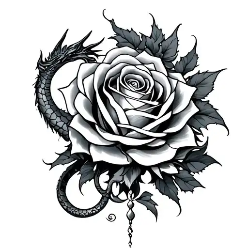 rose, dragon, celestial accents inspired tattoo design idea