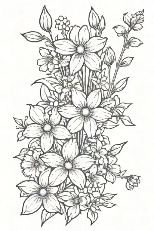 daisies and daffodils with cherry blossoms, snow drops, violets, greenery tattoo design idea