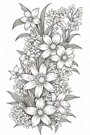 daisies and daffodils with cherry blossoms, snow drops, violets, greenery tattoo design idea