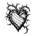 heart with scroll with names and thorns wrapped loosely tattoo design idea